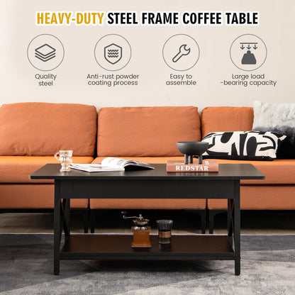 Modern Industrial Coffee Table with Storage Shelf and Steel Frame - Black