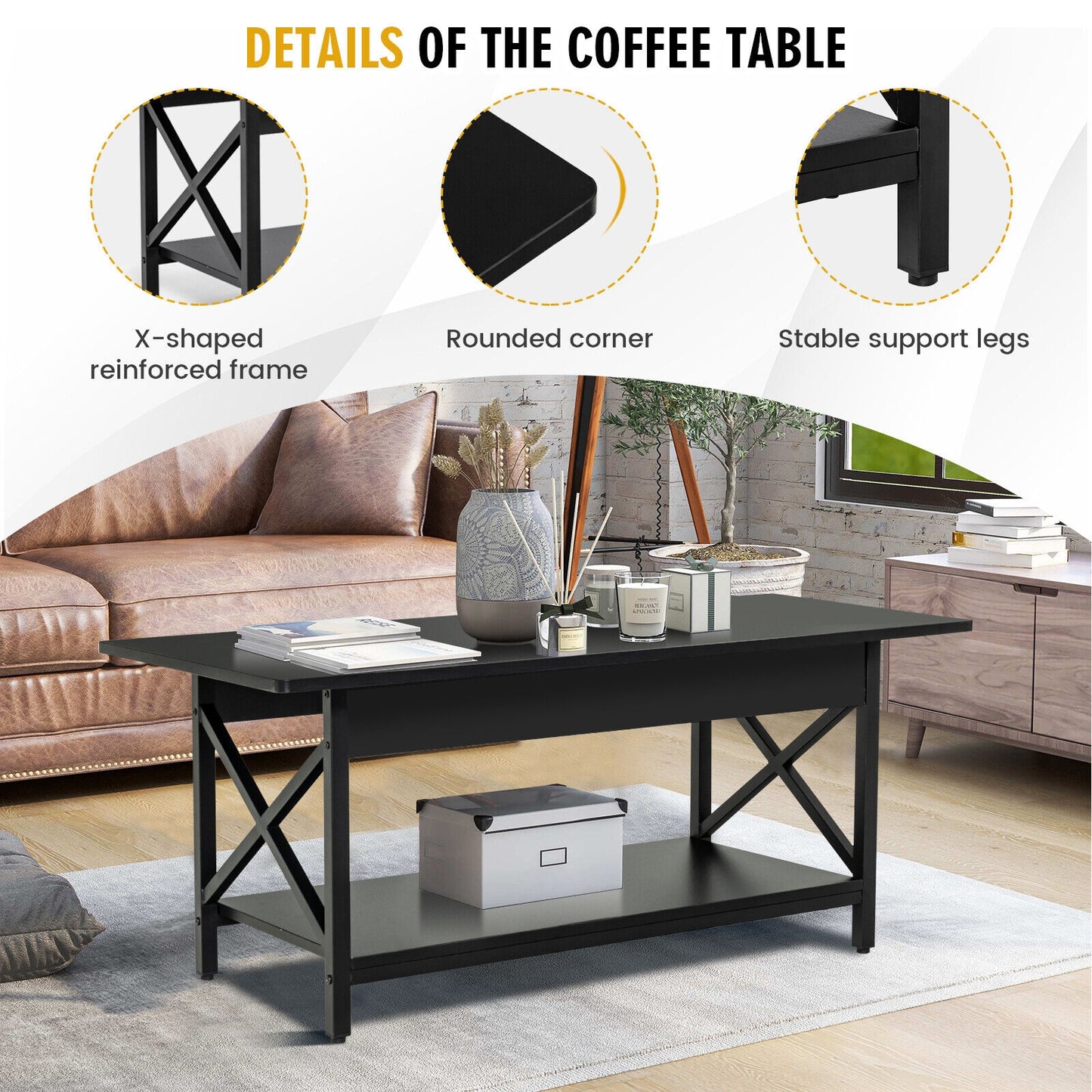 Modern Industrial Coffee Table with Storage Shelf and Steel Frame - Black