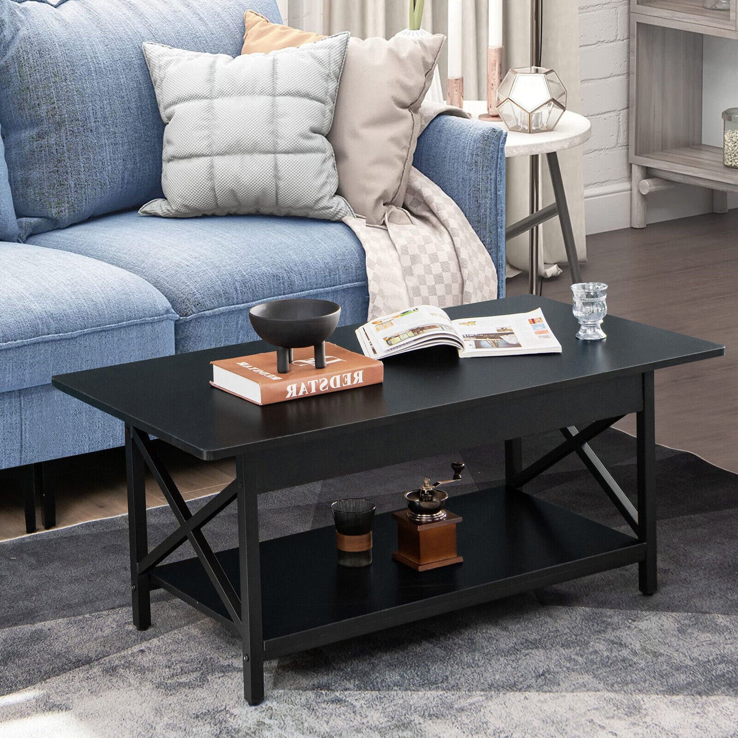 Modern Industrial Coffee Table with Storage Shelf and Steel Frame - Black