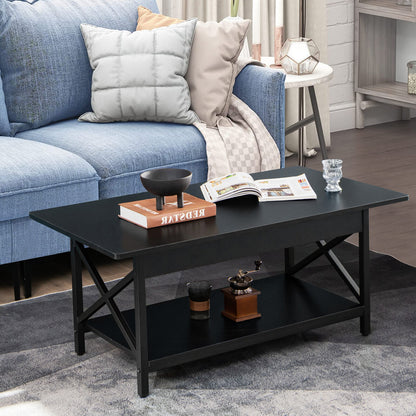 Modern Industrial Coffee Table with Storage Shelf and Steel Frame - Black