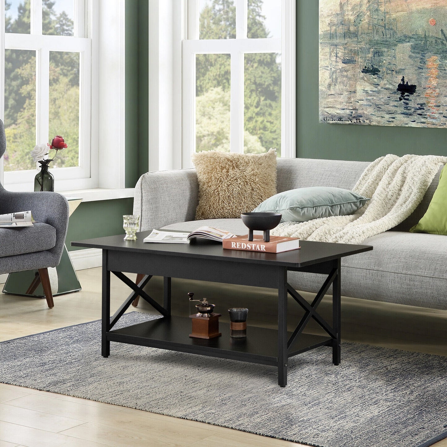 Modern Industrial Coffee Table with Storage Shelf and Steel Frame - Black