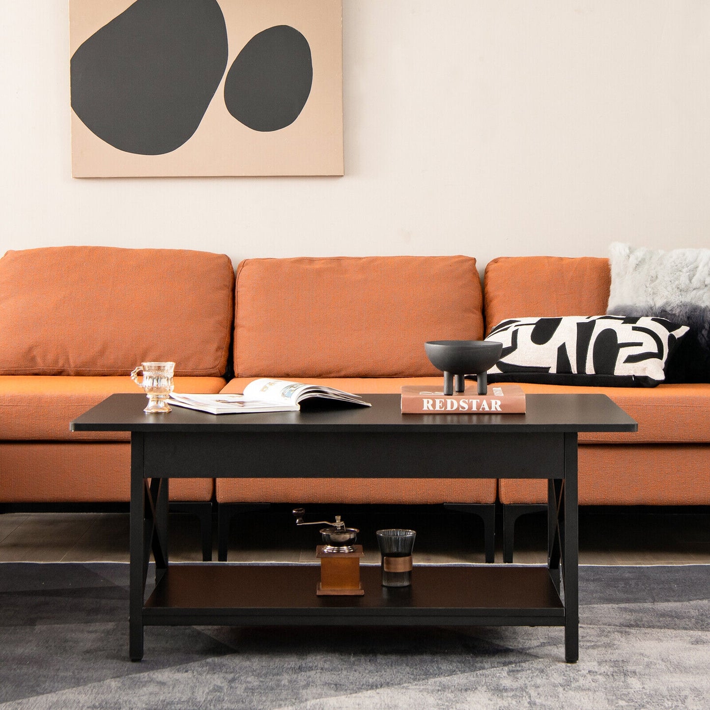 Modern Industrial Coffee Table with Storage Shelf and Steel Frame - Black