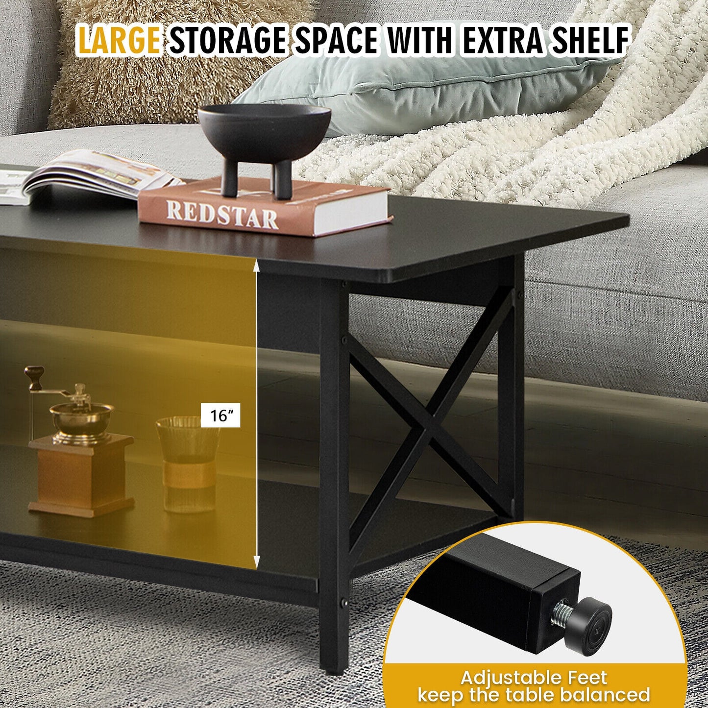 Modern Industrial Coffee Table with Storage Shelf and Steel Frame - Black