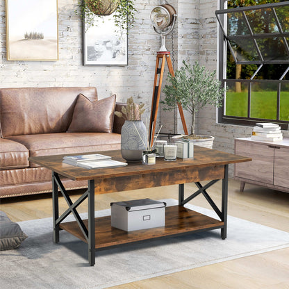 Modern Industrial Coffee Table with Storage Shelf and Steel Frame - Rustic Brown