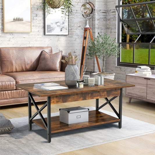 Modern Industrial Coffee Table with Storage Shelf and Steel Frame - Rustic Brown