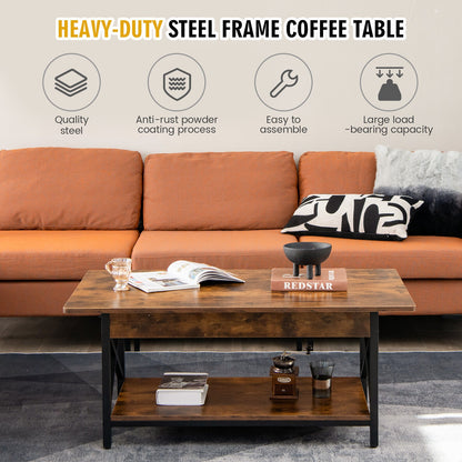 Modern Industrial Coffee Table with Storage Shelf and Steel Frame - Rustic Brown