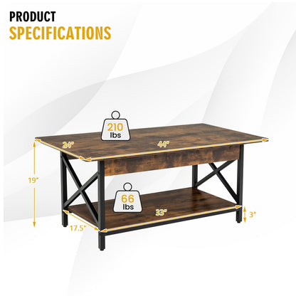Modern Industrial Coffee Table with Storage Shelf and Steel Frame - Rustic Brown