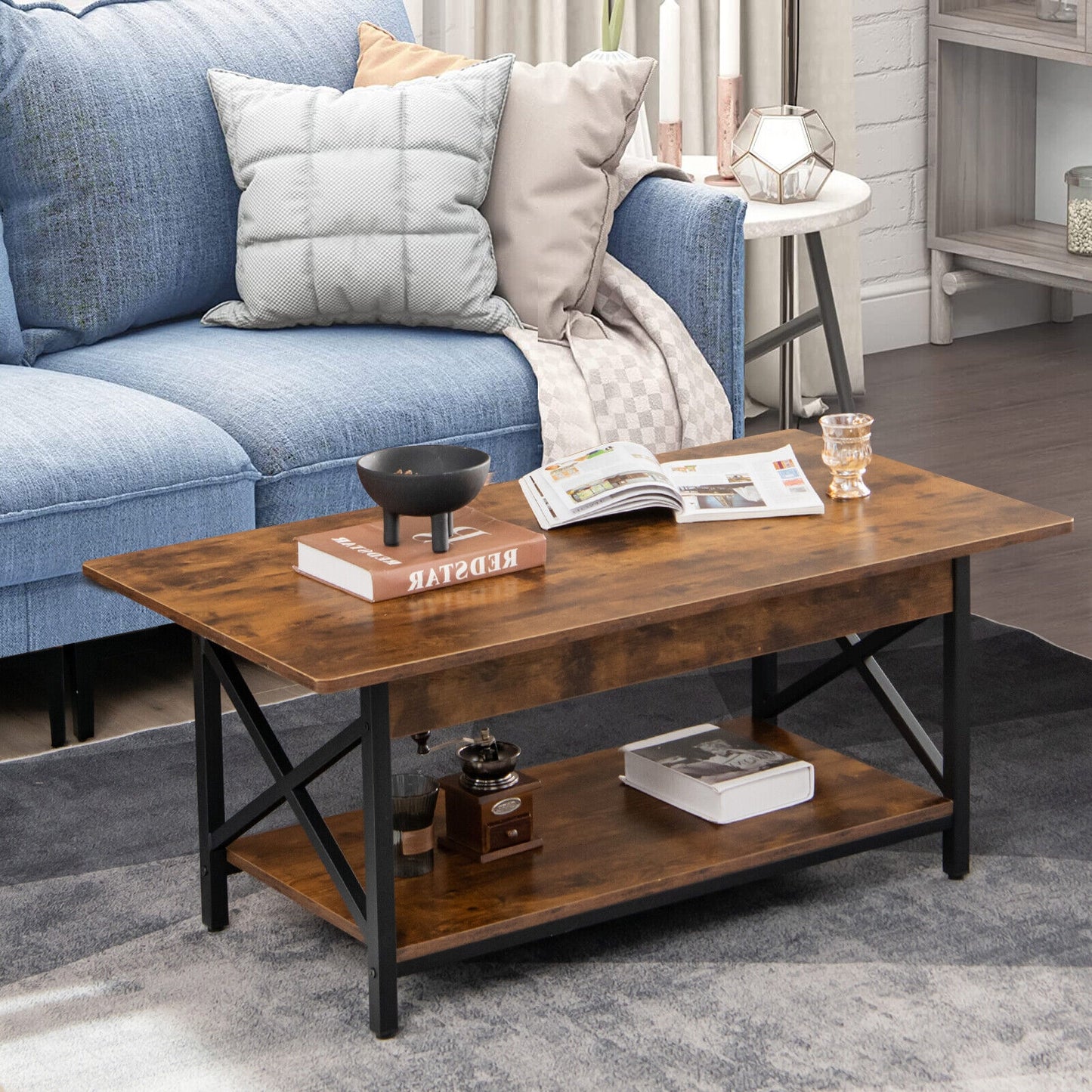 Modern Industrial Coffee Table with Storage Shelf and Steel Frame - Rustic Brown