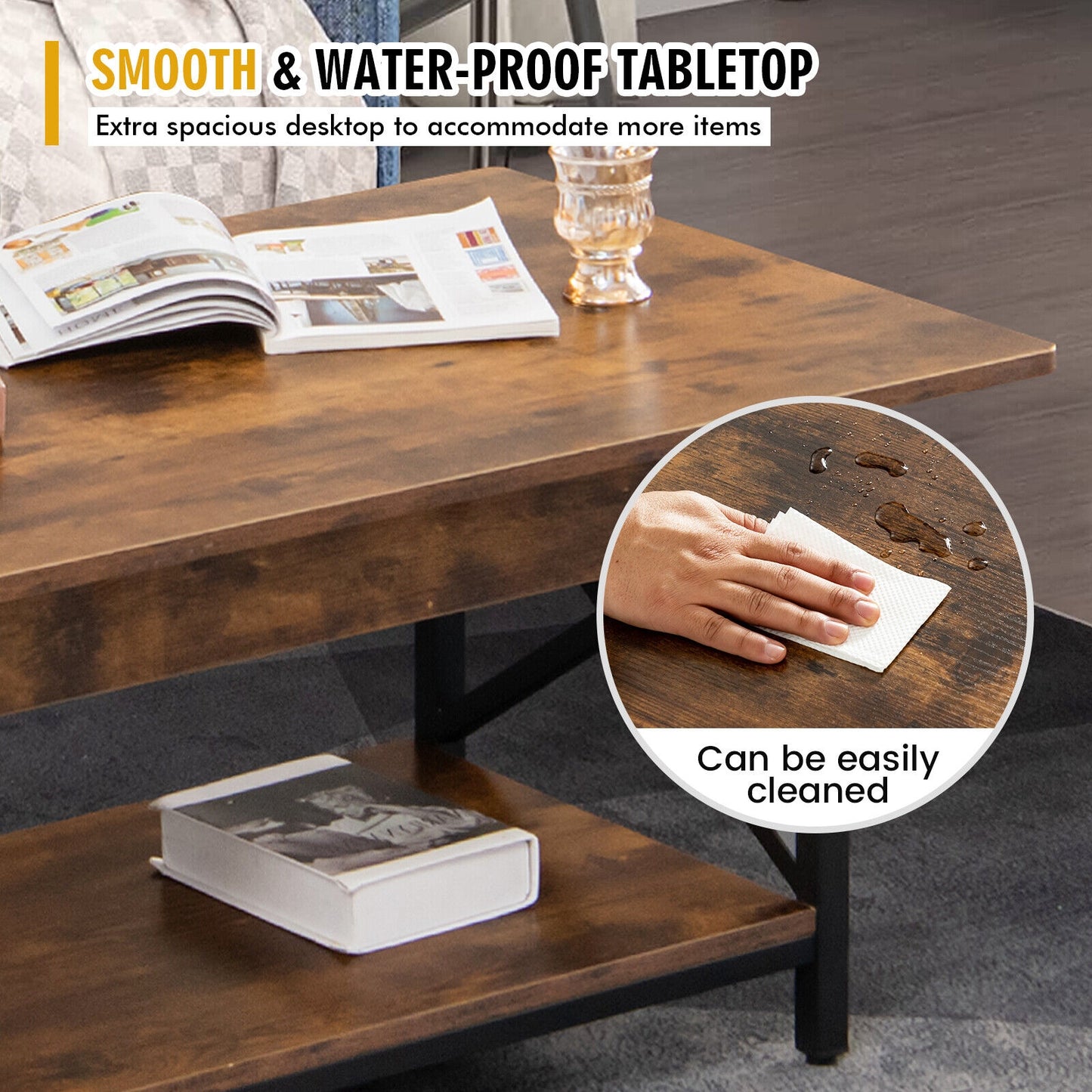 Modern Industrial Coffee Table with Storage Shelf and Steel Frame - Rustic Brown
