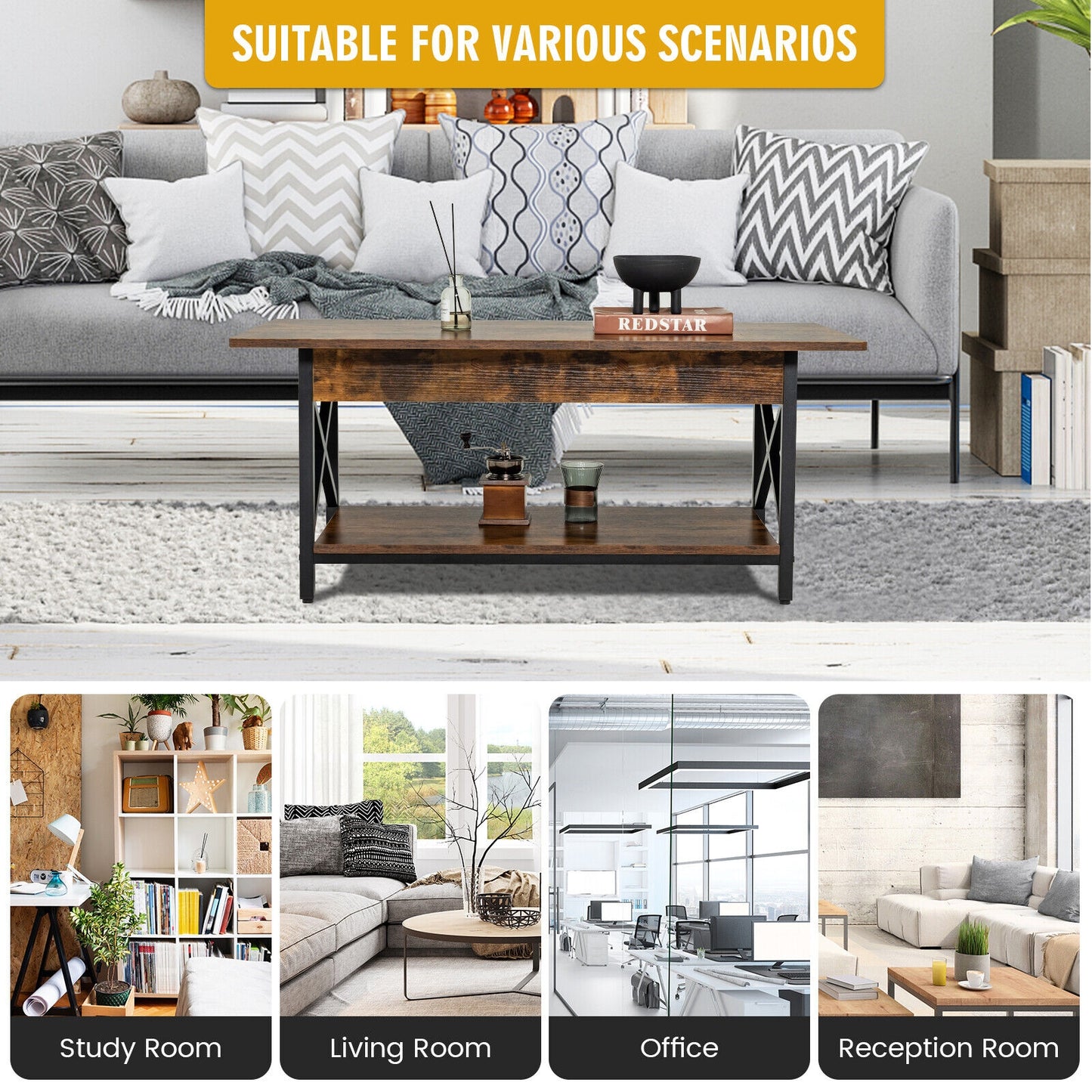 Modern Industrial Coffee Table with Storage Shelf and Steel Frame - Rustic Brown
