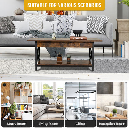 Modern Industrial Coffee Table with Storage Shelf and Steel Frame - Rustic Brown