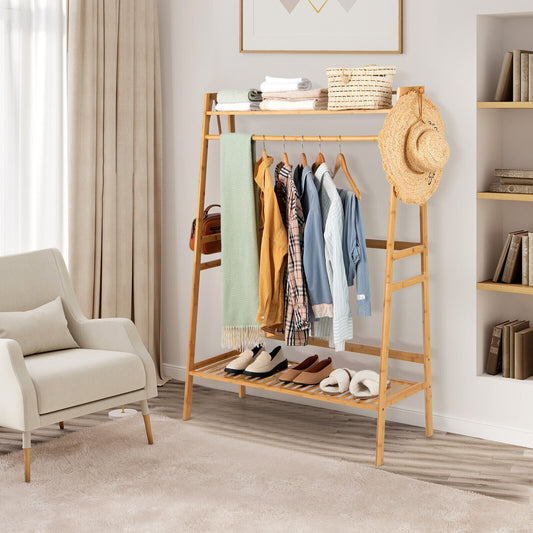 Bamboo Clothing Rack with Shelves & Hooks - Adjustable Storage Organizer for Bedroom, Closet, Living Room, and Entryway