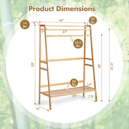 Bamboo Clothing Rack with Shelves & Hooks - Adjustable Storage Organizer for Bedroom, Closet, Living Room, and Entryway