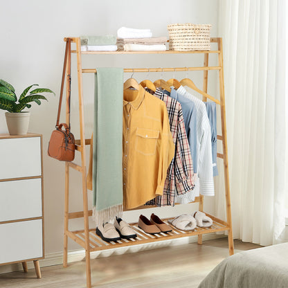 Bamboo Clothing Rack with Shelves & Hooks - Adjustable Storage Organizer for Bedroom, Closet, Living Room, and Entryway