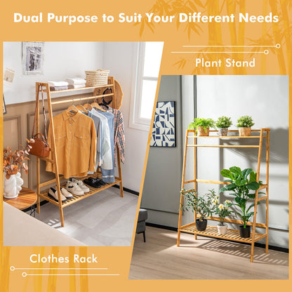 Bamboo Clothing Rack with Shelves & Hooks - Adjustable Storage Organizer for Bedroom, Closet, Living Room, and Entryway