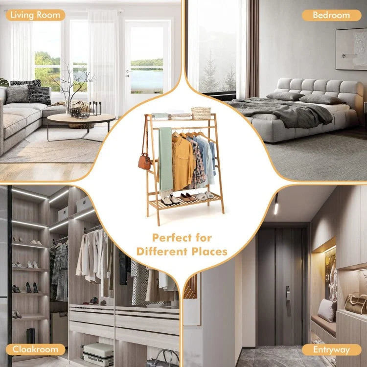 Bamboo Clothing Rack with Shelves & Hooks - Adjustable Storage Organizer for Bedroom, Closet, Living Room, and Entryway
