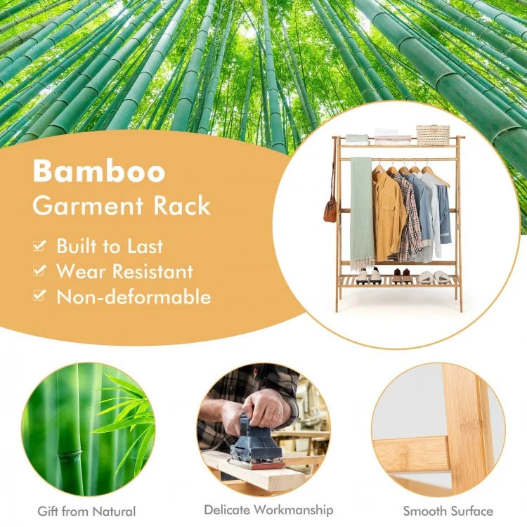Bamboo Clothing Rack with Shelves & Hooks - Adjustable Storage Organizer for Bedroom, Closet, Living Room, and Entryway