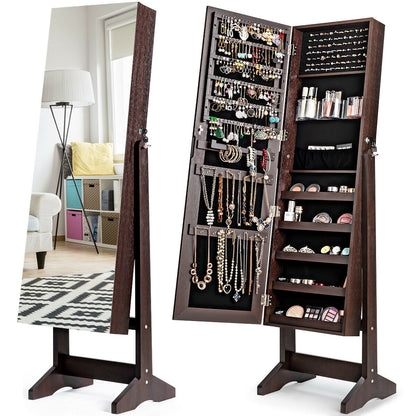 Freestanding Jewelry Armoire with Full-Length Mirror and Lockable Storage Organizer – Brown