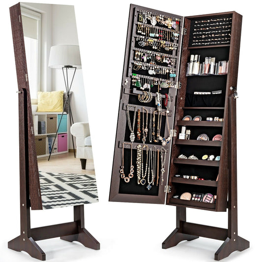 Freestanding Jewelry Armoire with Full-Length Mirror and Lockable Storage Organizer – Brown