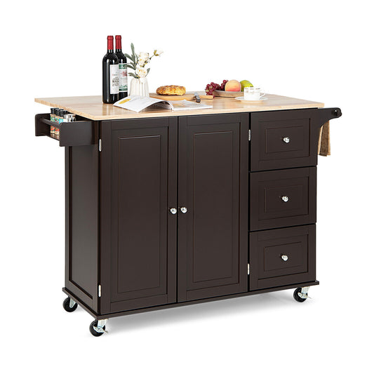 Expandable Rolling Kitchen Island with Storage Drawers Cabinet and Drop Leaf Top in Brown