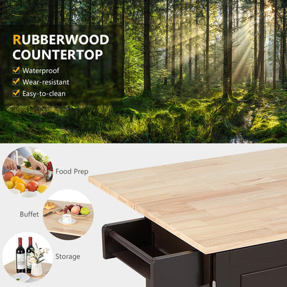Expandable Rolling Kitchen Island with Storage Drawers Cabinet and Drop Leaf Top in Brown