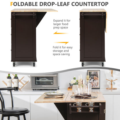 Expandable Rolling Kitchen Island with Storage Drawers Cabinet and Drop Leaf Top in Brown