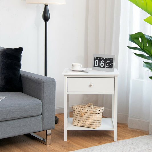 Wooden Nightstand with Drawer and Storage Shelf for Bedroom & Living Room - White