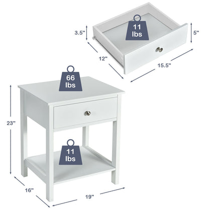 Wooden Nightstand with Drawer and Storage Shelf for Bedroom & Living Room - White