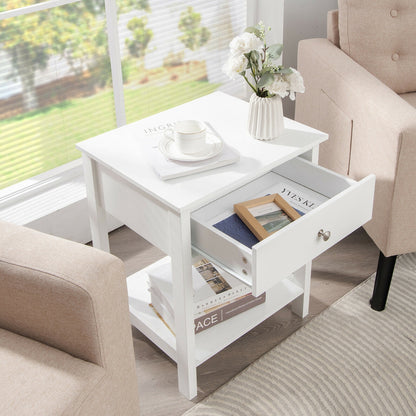 Wooden Nightstand with Drawer and Storage Shelf for Bedroom & Living Room - White