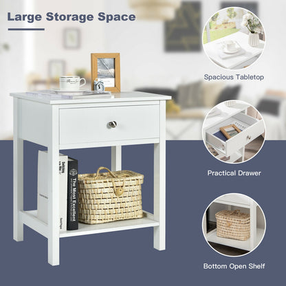 Wooden Nightstand with Drawer and Storage Shelf for Bedroom & Living Room - White