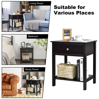 Wooden Nightstand with Drawer and Storage Shelf for Bedroom & Living Room - Black
