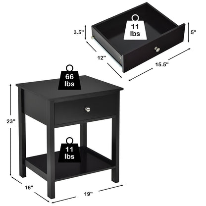 Wooden Nightstand with Drawer and Storage Shelf for Bedroom & Living Room - Black