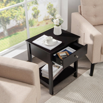 Wooden Nightstand with Drawer and Storage Shelf for Bedroom & Living Room - Black
