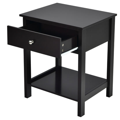 Wooden Nightstand with Drawer and Storage Shelf for Bedroom & Living Room - Black