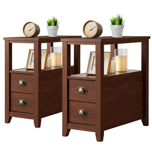 Set of 2 Modern Wooden End Tables with Storage Shelf and Drawers Brown