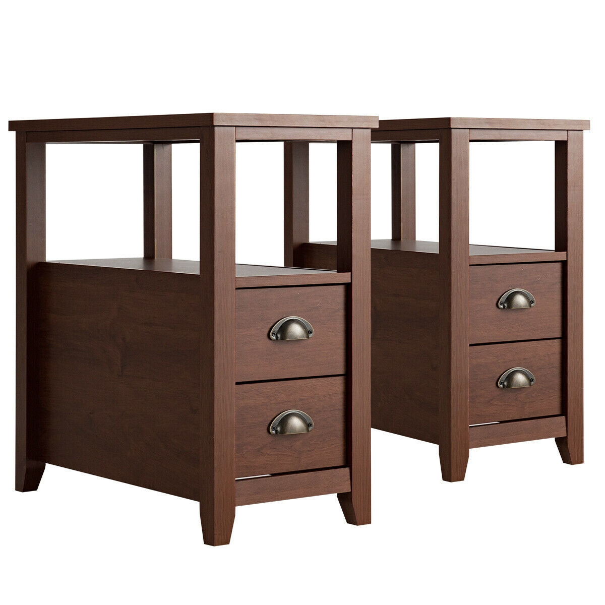 Set of 2 Modern Wooden End Tables with Storage Shelf and Drawers Brown