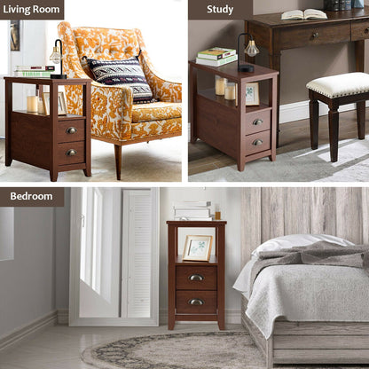 Set of 2 Modern Wooden End Tables with Storage Shelf and Drawers Brown