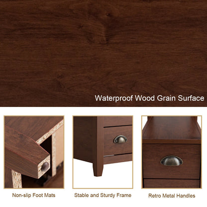 Set of 2 Modern Wooden End Tables with Storage Shelf and Drawers Brown