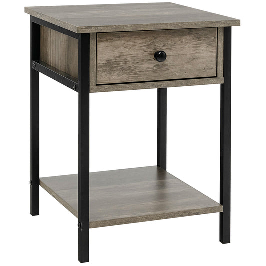 End Table with Drawer and Shelf – Industrial Nightstand, Oak