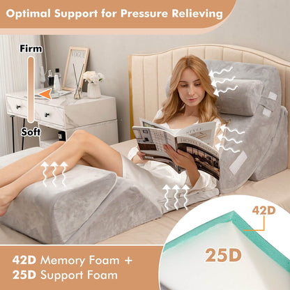 6 Piece Ergonomic Bed Wedge Pillow Set for Neck, Back, and Leg Support