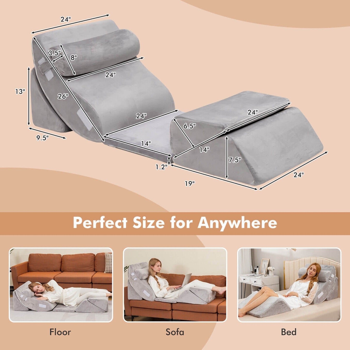 6 Piece Ergonomic Bed Wedge Pillow Set for Neck, Back, and Leg Support