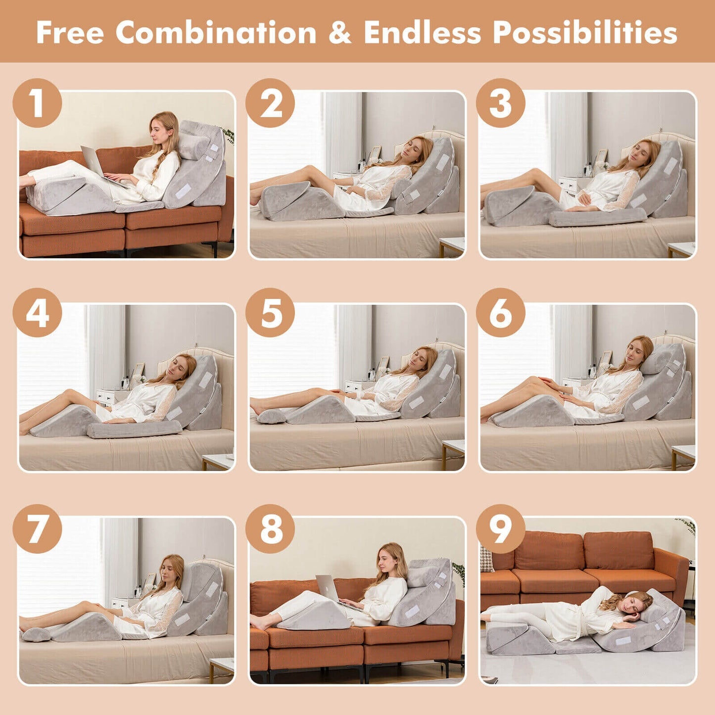 6 Piece Ergonomic Bed Wedge Pillow Set for Neck, Back, and Leg Support