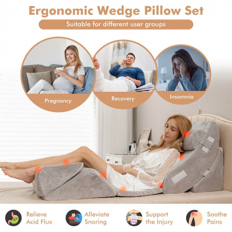 6 Piece Ergonomic Bed Wedge Pillow Set for Neck, Back, and Leg Support