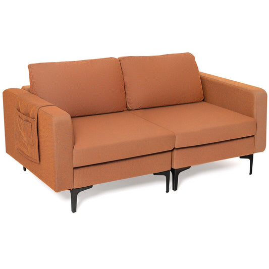 Compact Loveseat Sofa Couch with Side Storage Pocket and Padded Seat Cushions, Orange Upholstery
