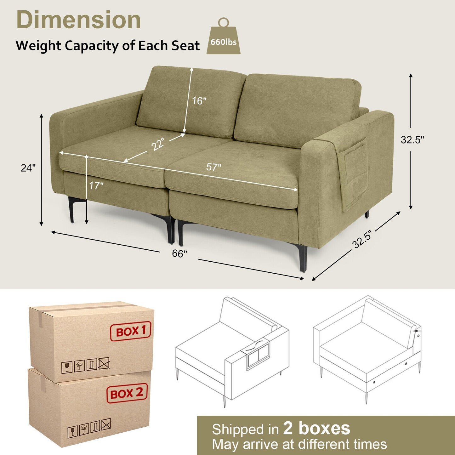 Compact Loveseat Sofa Couch with Side Storage Pocket and Padded Seat Cushions, Green Upholstery