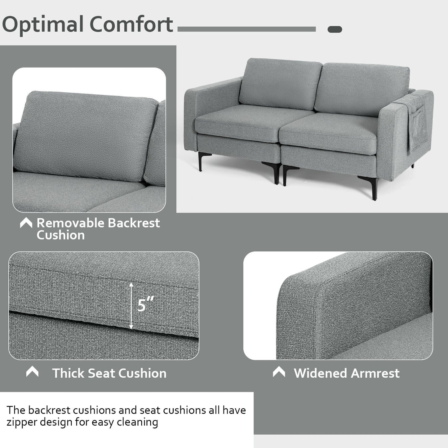 Compact Loveseat Sofa Couch with Side Storage Pocket and Padded Seat Cushions, Grey Upholstery