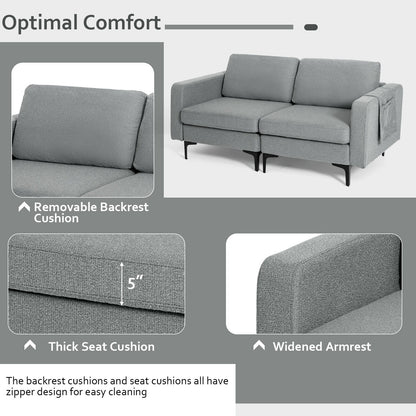 Compact Loveseat Sofa Couch with Side Storage Pocket and Padded Seat Cushions, Grey Upholstery