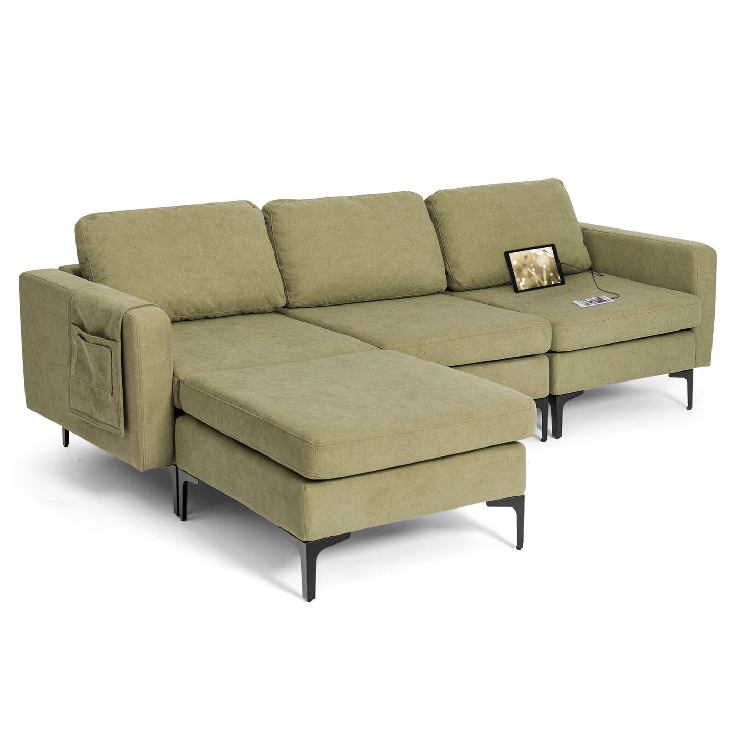 Modular L-Shaped Sectional Sofa with Reversible Chaise, Built-In USB Ports - Green