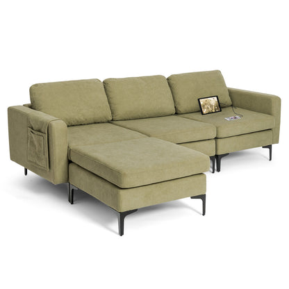 Modular L-Shaped Sectional Sofa with Reversible Chaise, Built-In USB Ports - Green