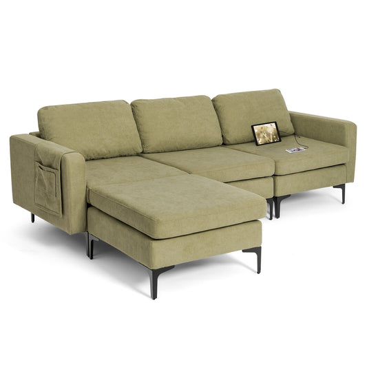 Modular L-Shaped Sectional Sofa with Reversible Chaise, Built-In USB Ports - Green